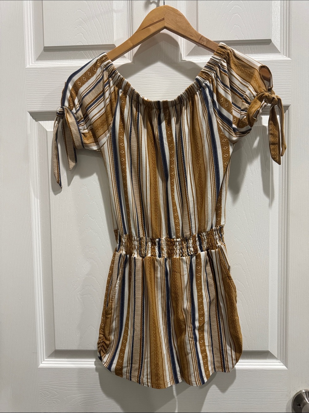 Derek Heart Striped Off-Shoulder Romper in Mustard, Navy & White